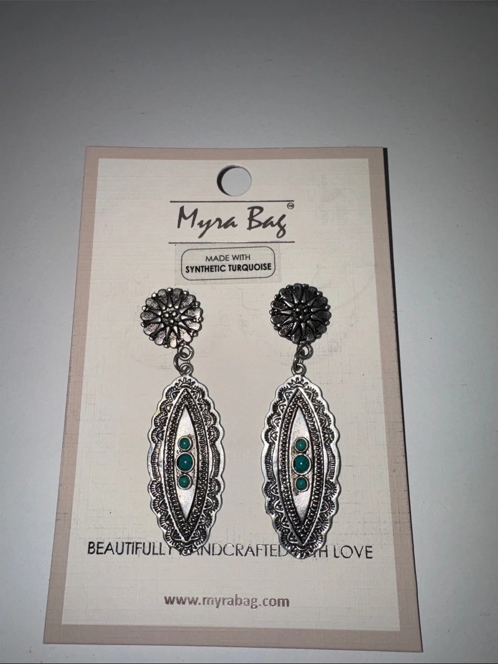 Myra Bag Synthetic Turquoise Floral Filigree Dangle Earrings –  Silver Tone